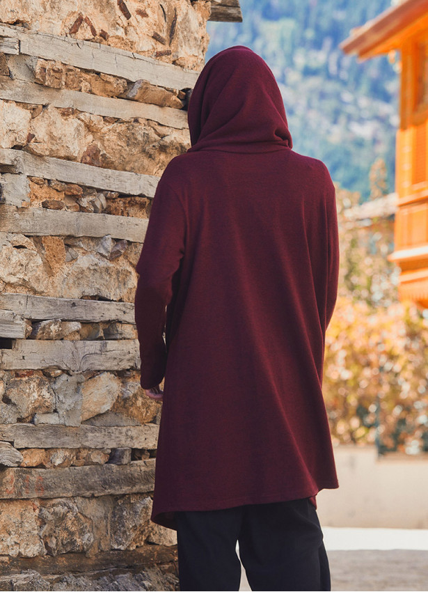 Hooded Collar Thumb Hole Detailed Maroon Cardigan